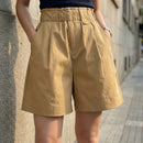 [Leve 6, Pague 3] Short Elara Feminino em Poliéster Soft, Elastano Macio e Algodão de Cintura Alta com Cós Franzido e Botão Decorativo